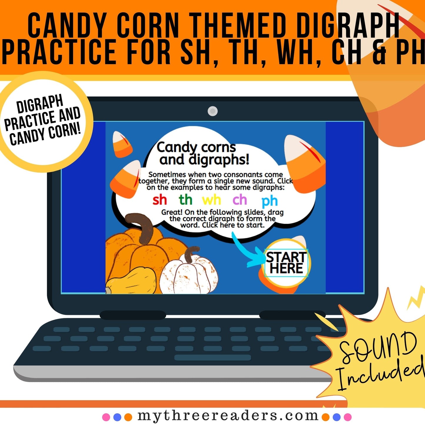 Candy Corn Digraph Practice (SH, PH, TH, WH, CH) Digital Activity