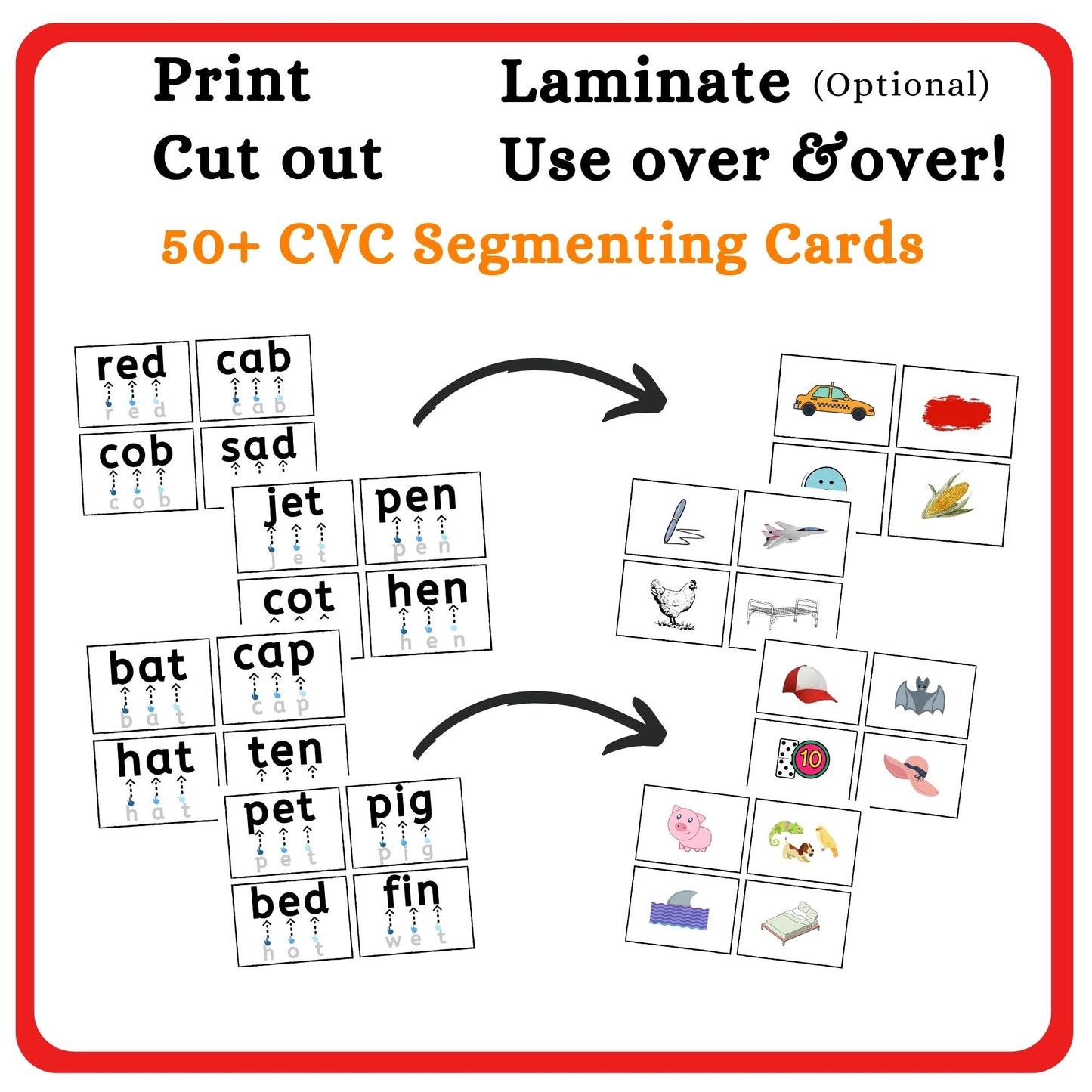 CVC Words Segmenting Cards - Front and Back