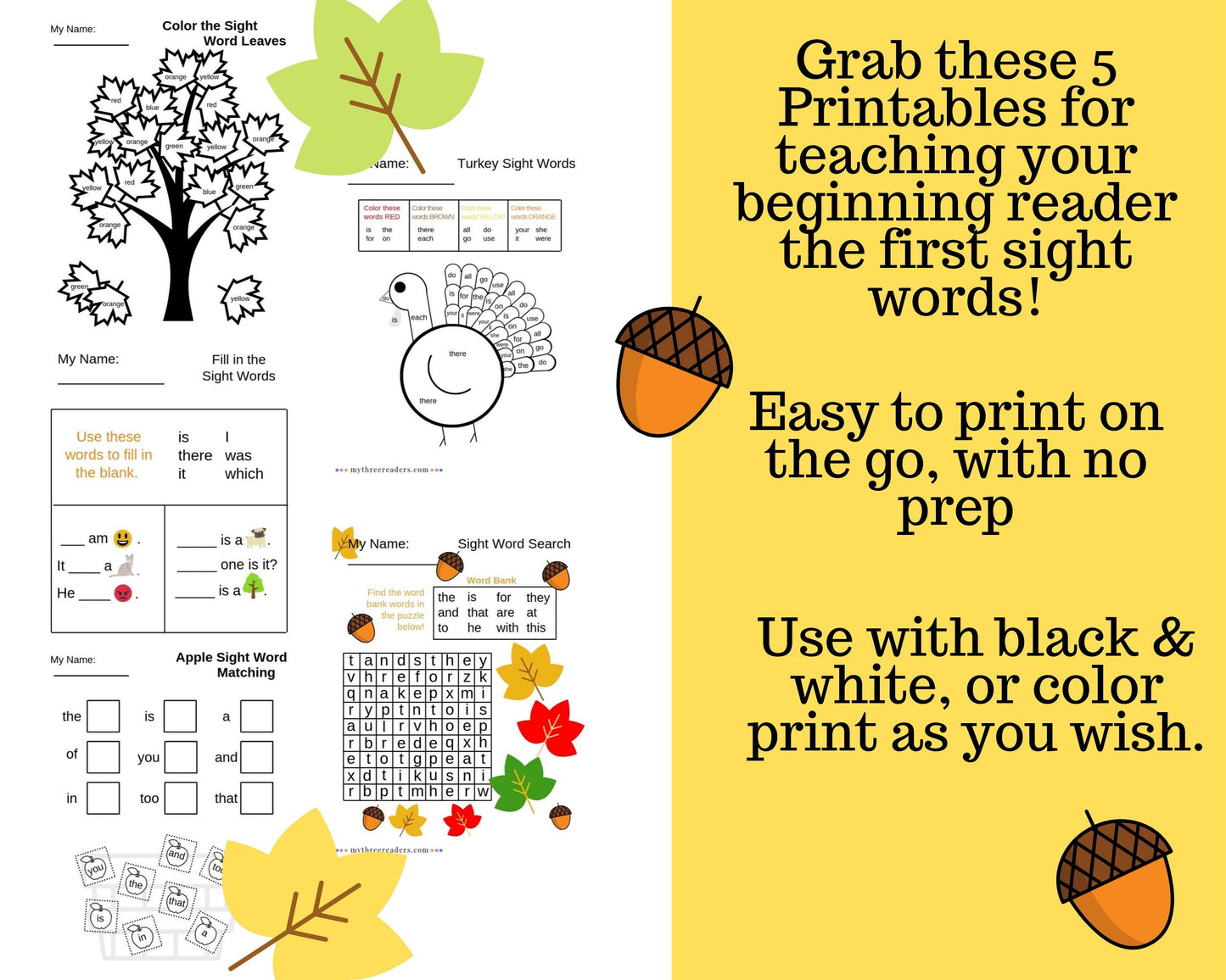 5 Fall Sight Word Printable Activities