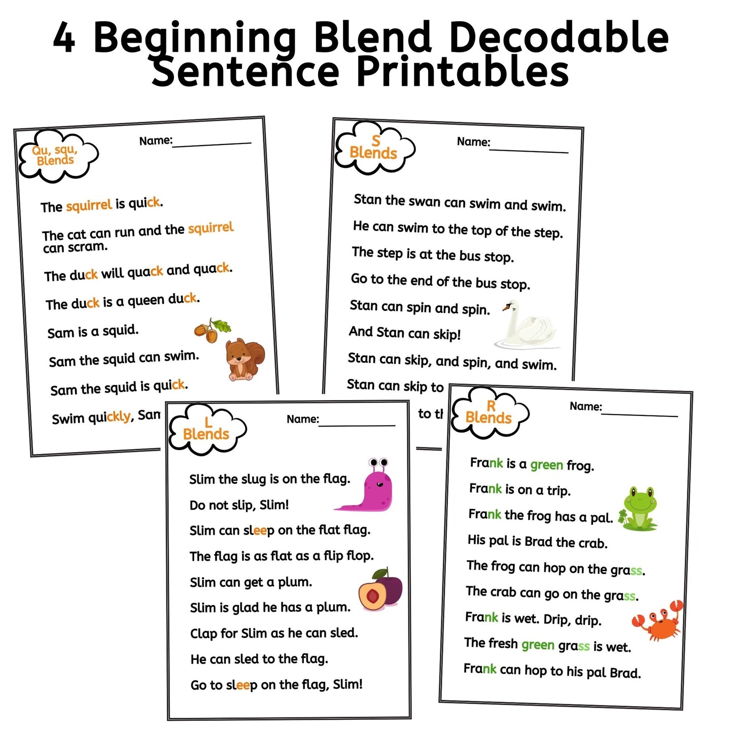 Decodable Sentences with Focus on Beginning Consonant Blends