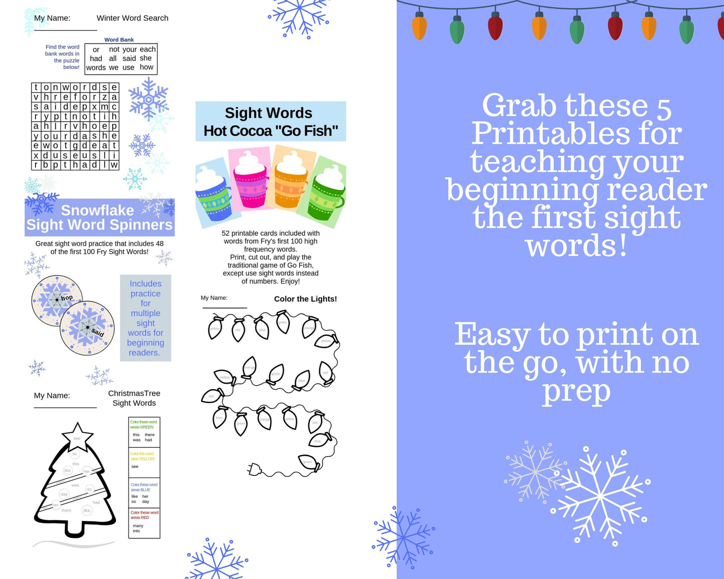 5 Winter Holiday Sight Word Printable Activities