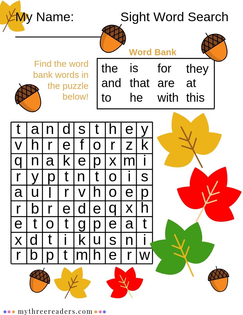 5 Fall Sight Word Printable Activities