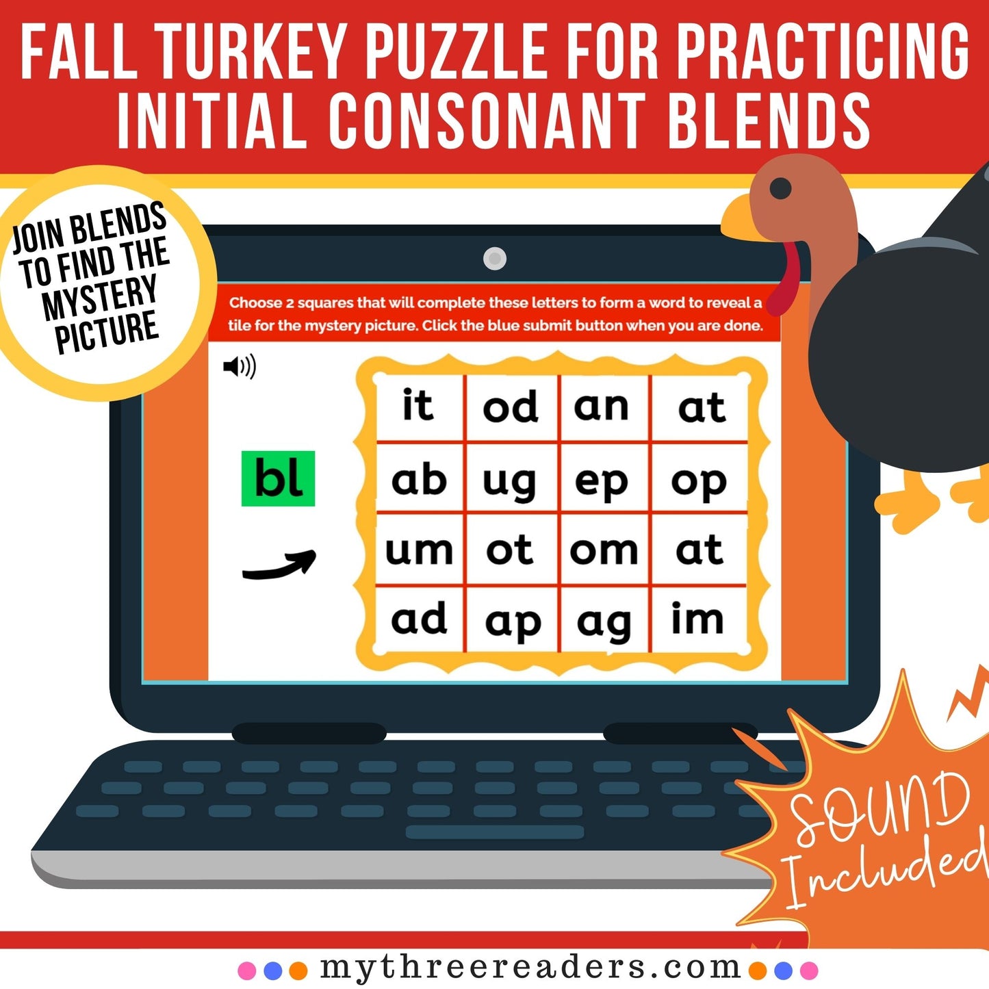 Initial Consonant Blends Turkey Puzzle Digital Activity