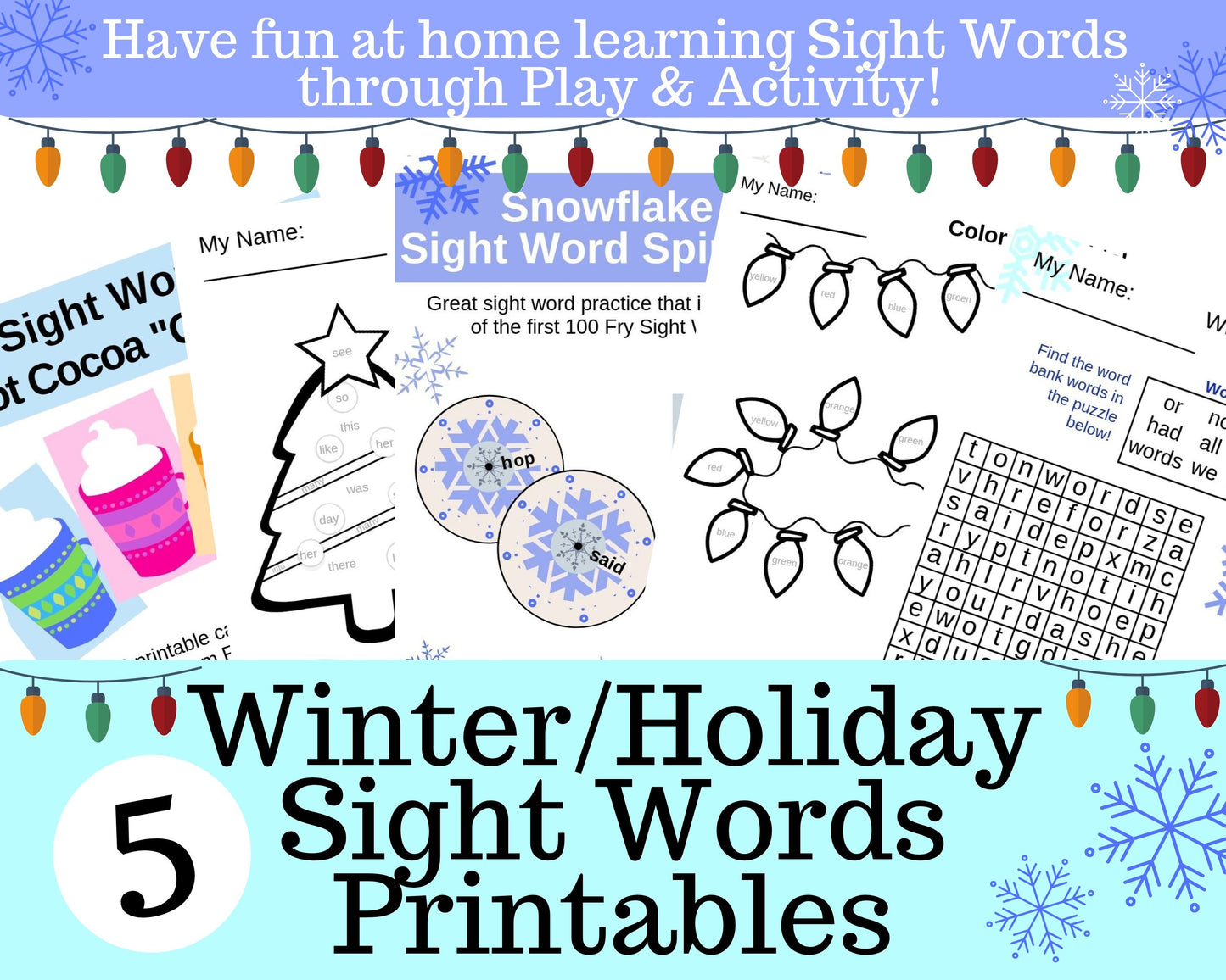 5 Winter Holiday Sight Word Printable Activities