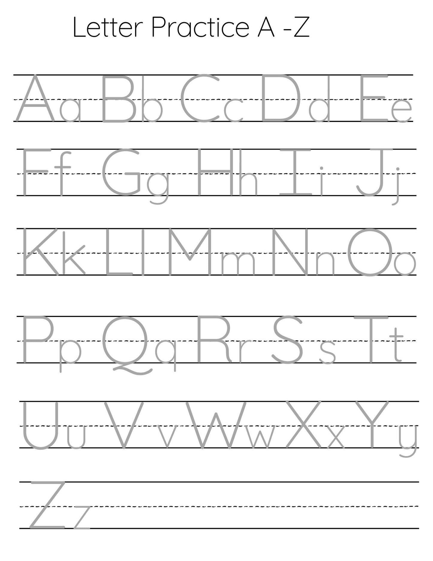 Letter Tracing Sheet for Alphabet Letters A-Z
