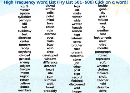 Mapping the Fry High Frequency Words 501-600 Digital Activity