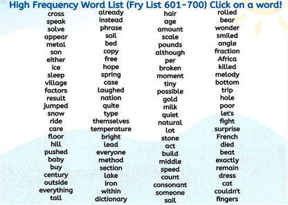 Mapping the Fry High Frequency Words 601-700 Digital Activity