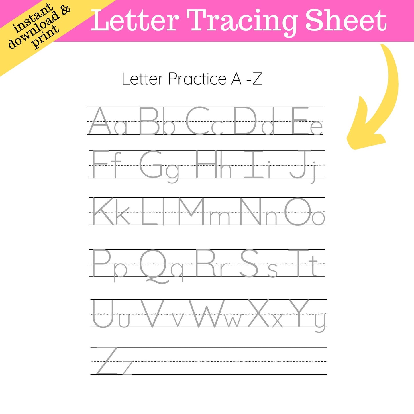 Letter Tracing Sheet for Alphabet Letters A-Z