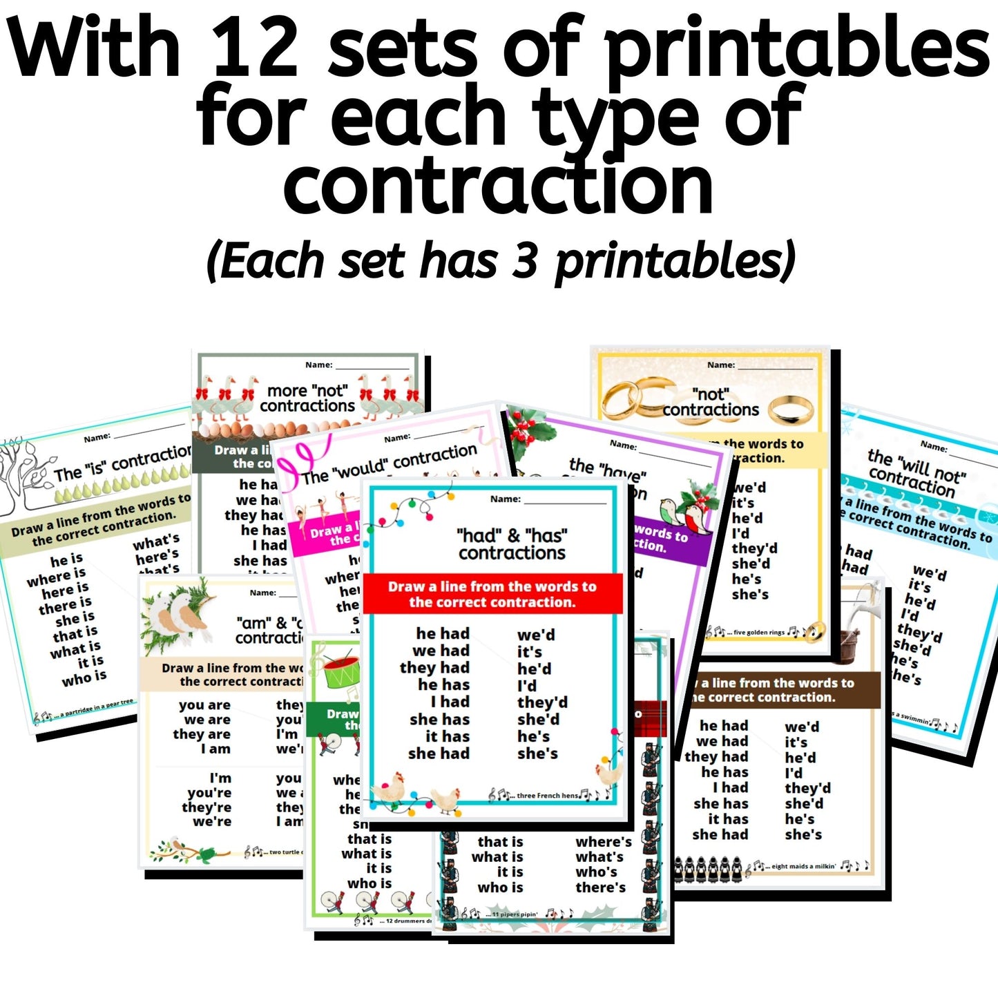 12 Days of Christmas Contractions Digital & Printable Bundle