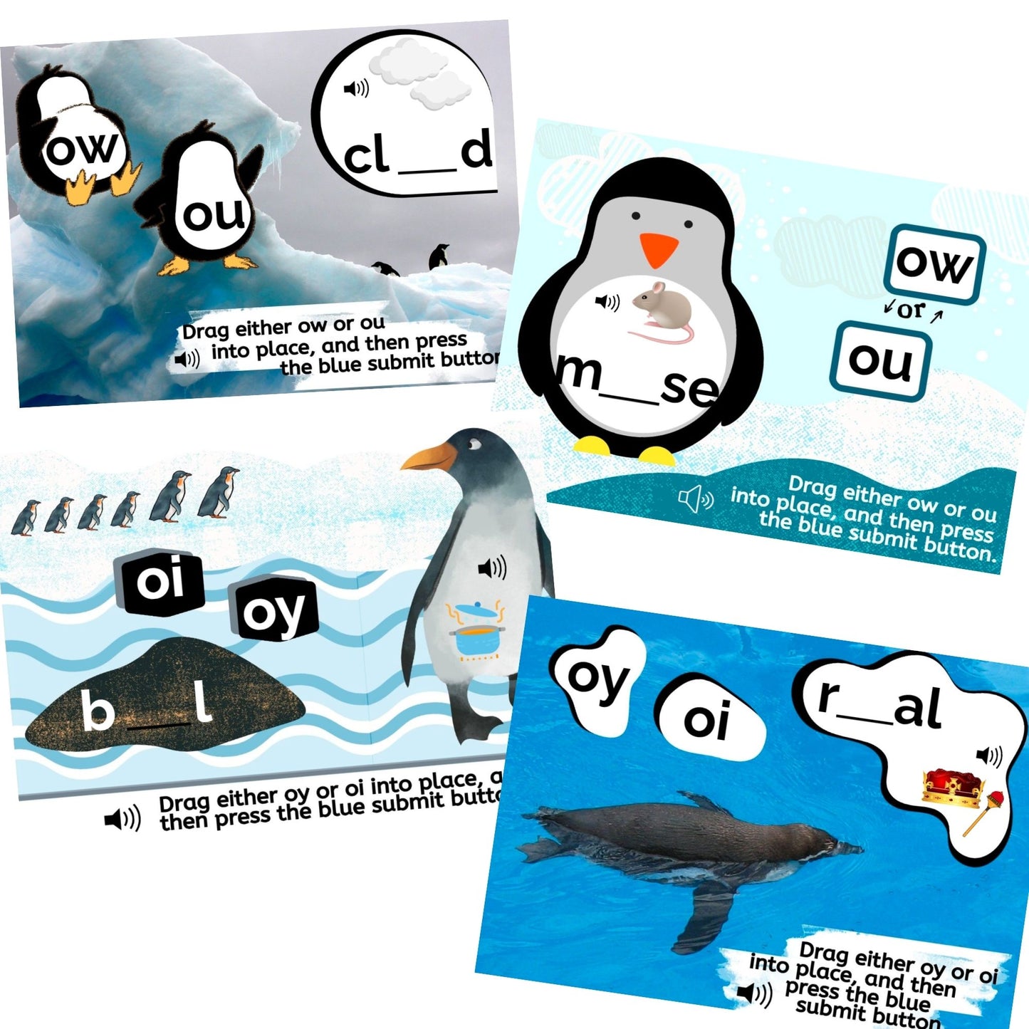 OY & OI , OW & OU Penguin themed Boom Activity for Diphthong Practice