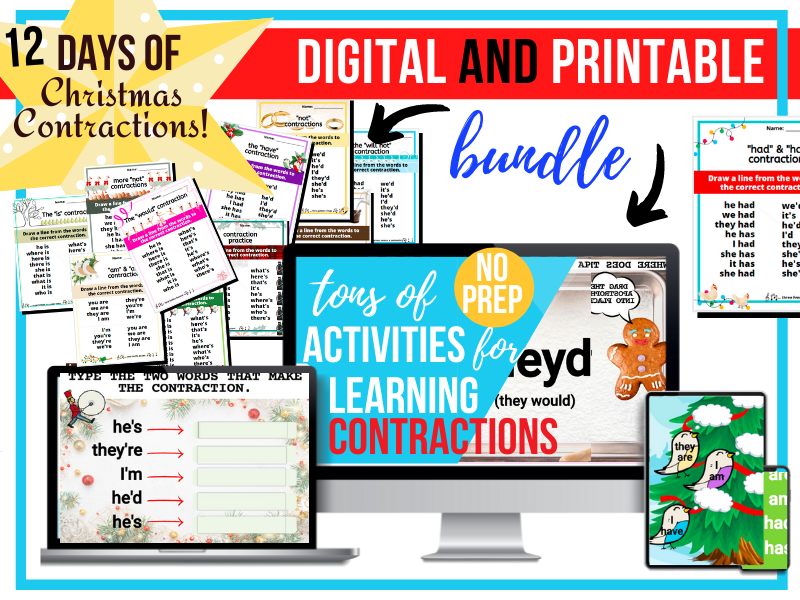 12 Days of Christmas Contractions Digital & Printable Bundle